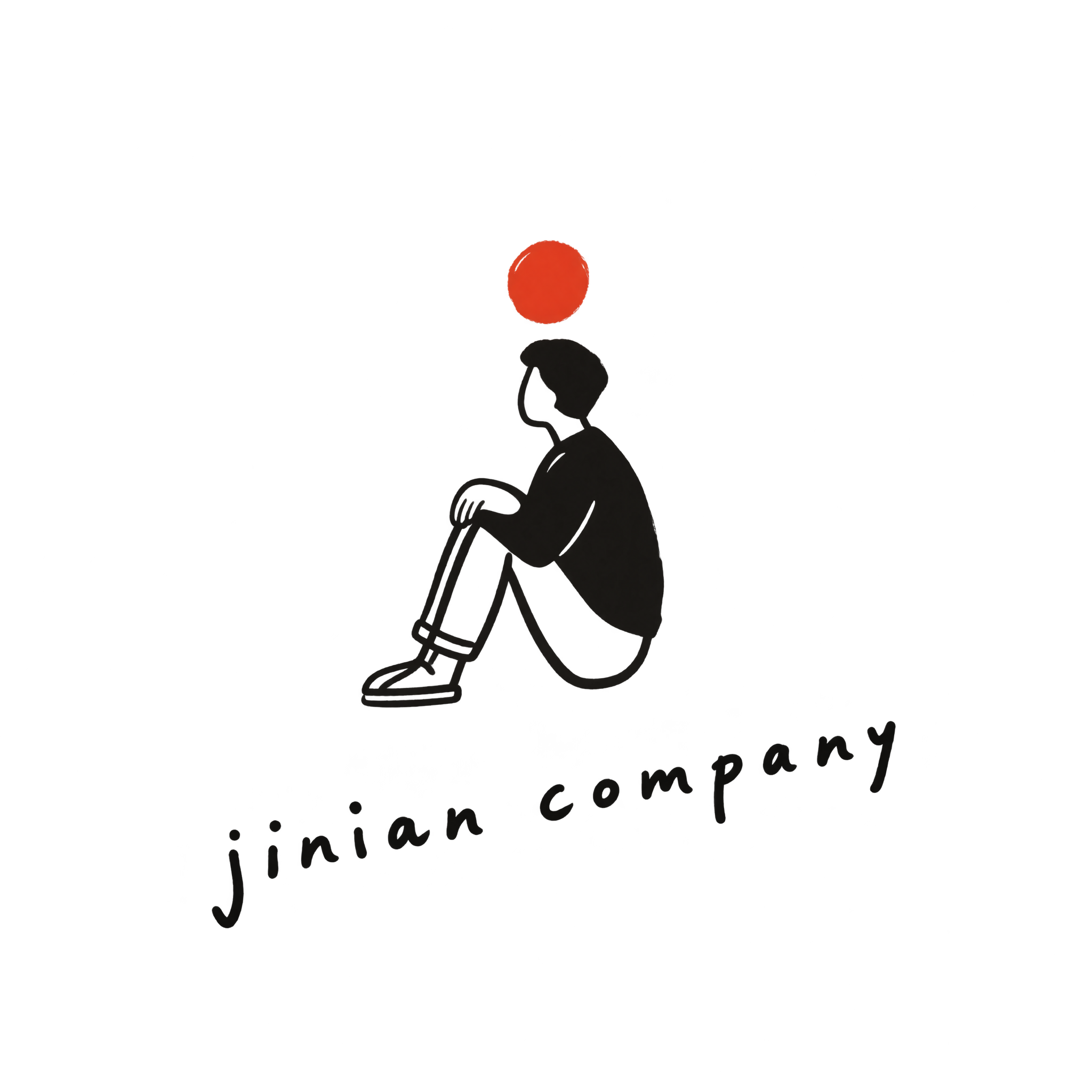 앉아서 생각하는 사람과 붉은 점, 손글씨 jinian company 로고